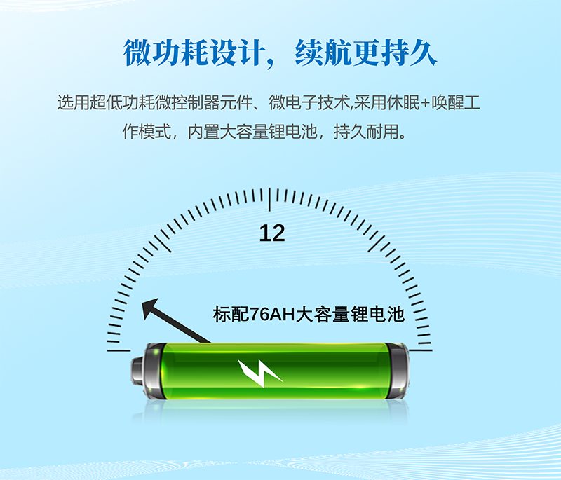微功耗設計，續航更持久：選用超低功耗微控制器元件、微電子技術,采用休眠+喚醒工作模式，內置大容量鋰電池，持久耐用。
